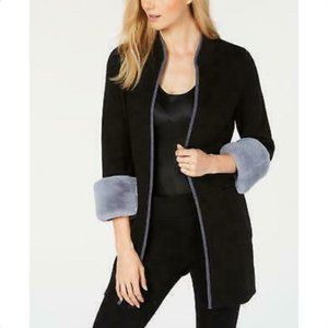 Alfani Petite Faux-Fur-Cuff Cardigan Deep Black PS
